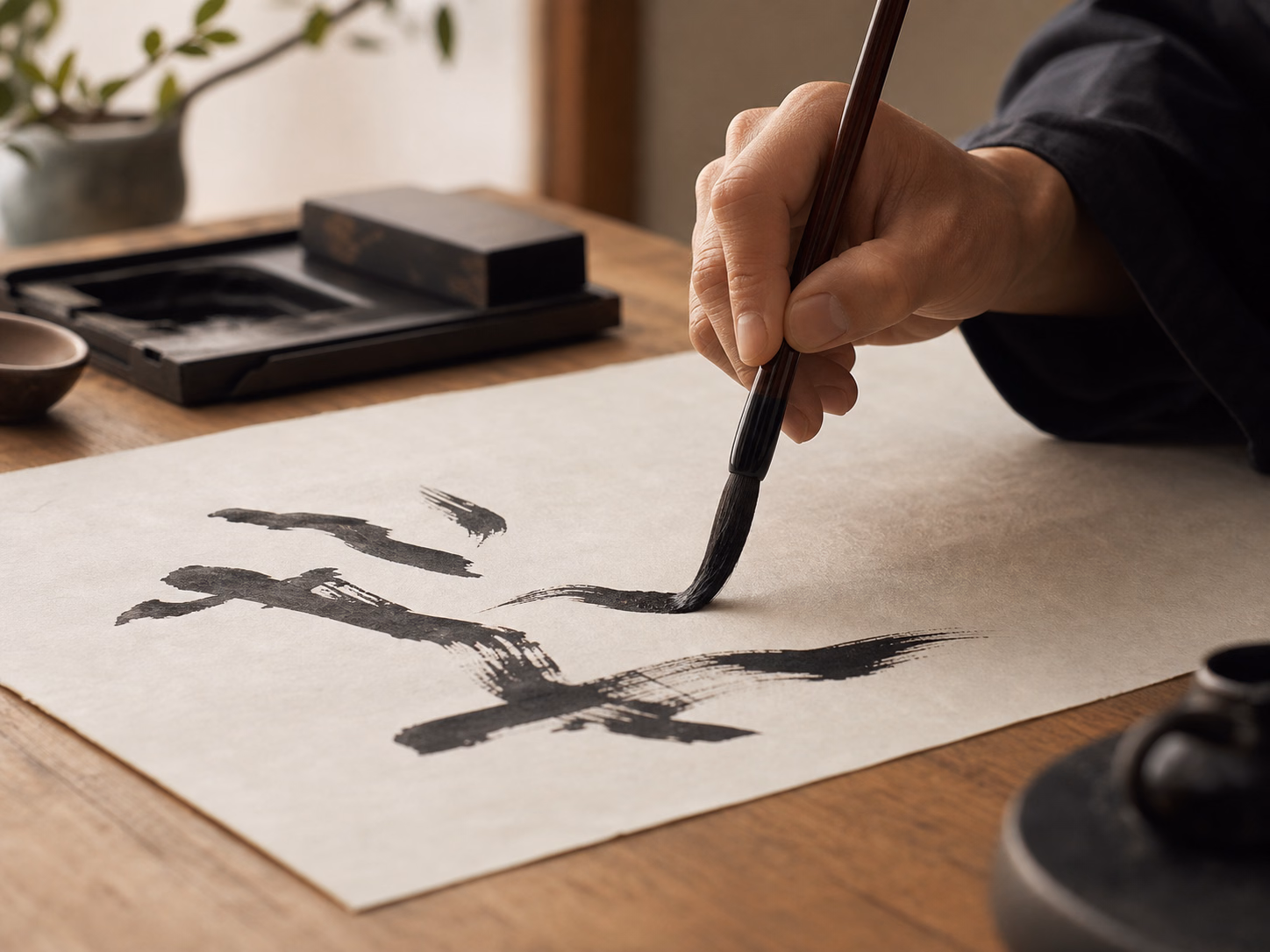白い和紙へ毛筆文字を書く作業風景